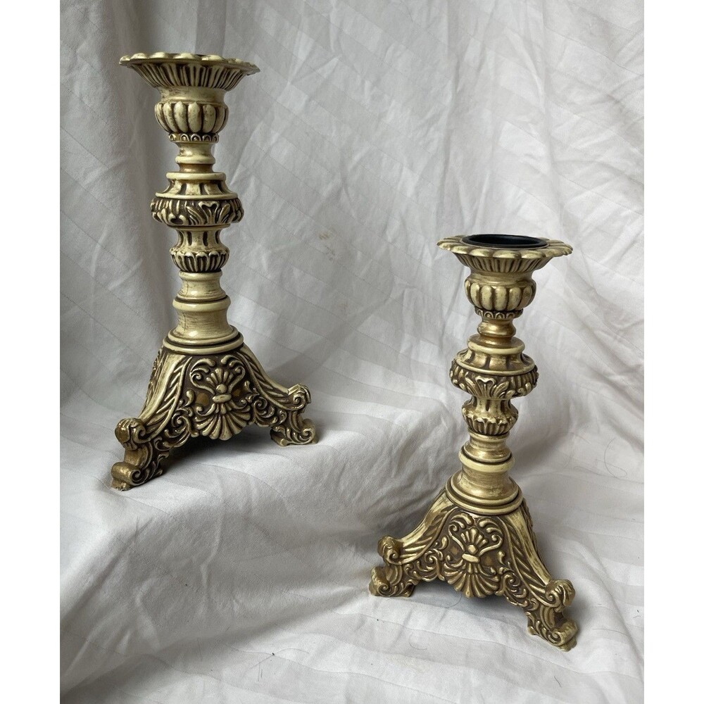 Ornate Brass Pair Candlesticks Tri-Footed Design Approx 8 Inch Height